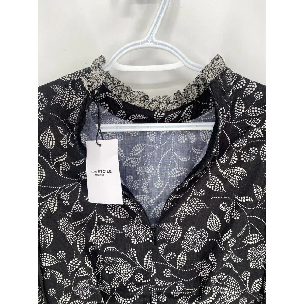 NWT Isabel Marant Etoile Black White Floral Dress Ruffles  Zip Long Sleeve Sz 36 - Picture 16 of 16